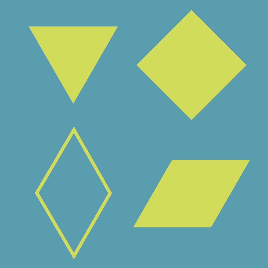 Four shapes in a 2x2 grid. Clockwise from upper left: a filled equilateral triangle standing on a vertex, a filled square standing on a vertex, a filled rhombus lying on a side, and an unfilled rhombus standing on a vertex.