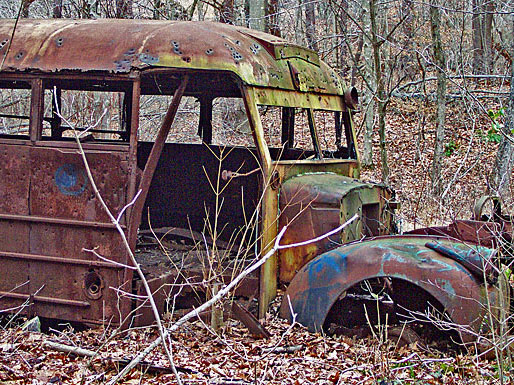 old rusty bus in the woods