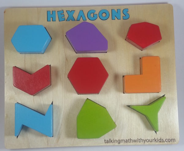hexagon shape puzzle with 9 brightly colored hexagons, mostly irregular