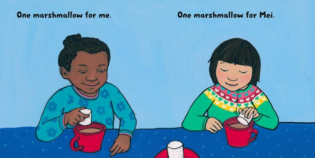 hand illustrated page as described, with text "One marshmallow for me. One marshmallow for mei."