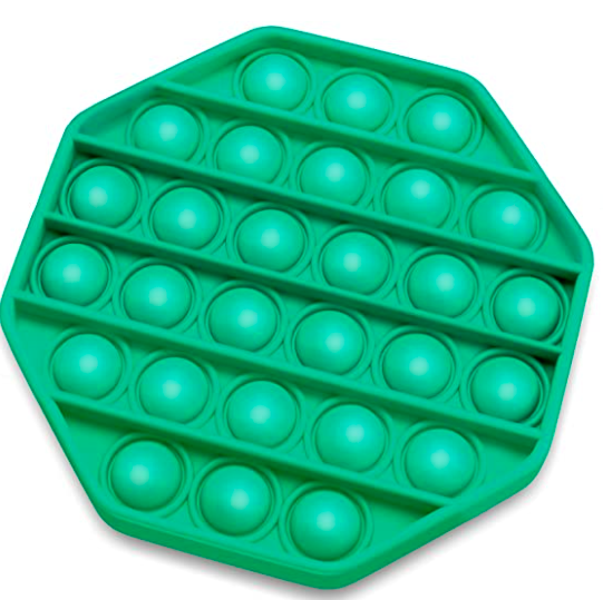 A green silicone rubber octagon with six rows of bubbles you can pop up and down.