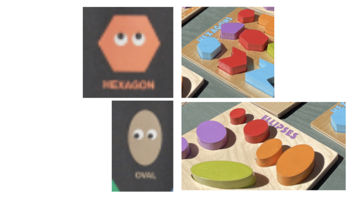 Four images in two rows. Top row has a blurry detail from a T-shirt—a regular hexagon with google eyes, labeled "hexagon". On the right is a colorful shapes puzzle reading "hexagons" and containing a grid of wildly varying hexagons. Bottom row is same deal, but with an oval on the left, and a puzzle of many ellipses on the right.