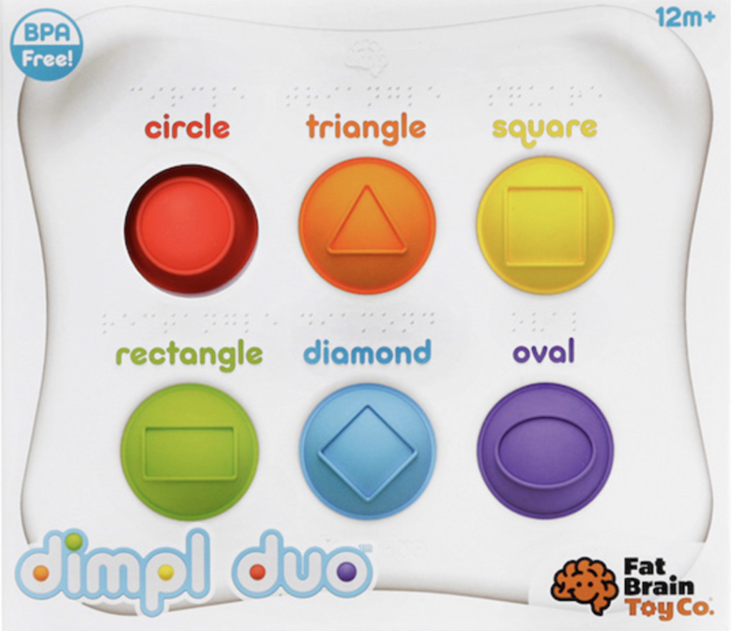 "dimpl duo"; a bird's eye view of a young child's toy that has two rows of three latex buttons. Top row is a purple circle, an orange triangle, and a yellow square. Bottom row is a green rectangle, a blue diamond, and a purple oval. All shapes are labeled with the listed shape names, and embossed onto the latex circles. Close examination reveals braille above each label.