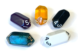 Several odd-looking dice in various colors. Each die is a pentagonal prism at its core, whith a pentagonal pyramid attached to each end. The numbers 1–5 are on the pyramids.