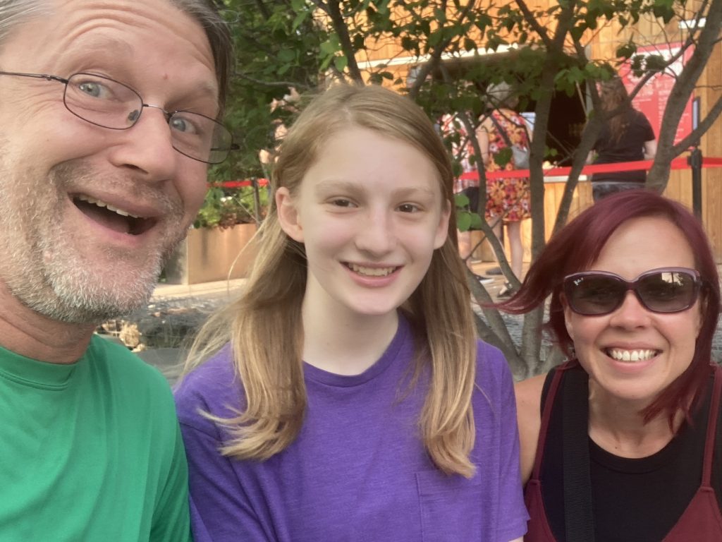 Selfie. From left to right: Me, the 16 year-old, and [locally famous Radio Gal] on a sunny summer evening.