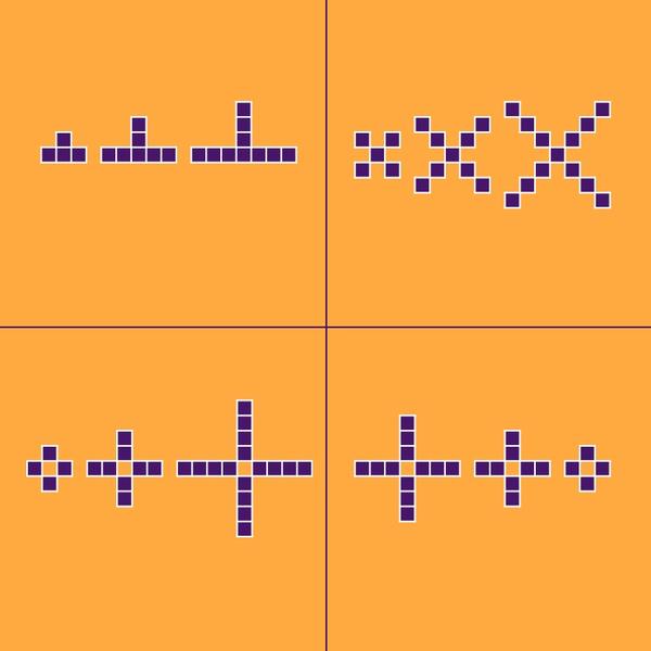 A two-by-two grid of patterns, three stages in each pattern; all patterns made of small square tiles.<br />
upper left: Upside down T’s. 1: Horizontal row of three squares with one on top. 2: Horizontal row of five squares with two on top. 3: Horizontal row of seven squares with three on top.<br />
upper right: 1: An X with each of four arms being a single tile. 2: An X with each arm two tiles. 3: An X with each arm three tiles.<br />
lower left: 1: four single tiles arranged like a plus sign with a missing center. 2: The plus sign now has grown to two tiles in each direction. 3: The plus sign has four tiles in each direction.<br />
lower right: 1: A plus sign with three tiles in each direction, and a missing center. 2: A plus sign with two tiles in each direction. 3: The plus sign has only a single tile in each direction.