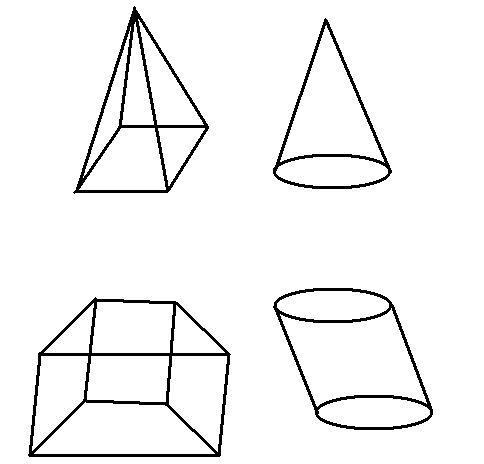 upper left: a square pyramid<br />
upper right: a cone, pointing up<br />
lower left: a trapezoidal prism, resting on a trapezoidal base<br />
lower right: an oblique cylinder, resting on a circular base and leaning to the left.