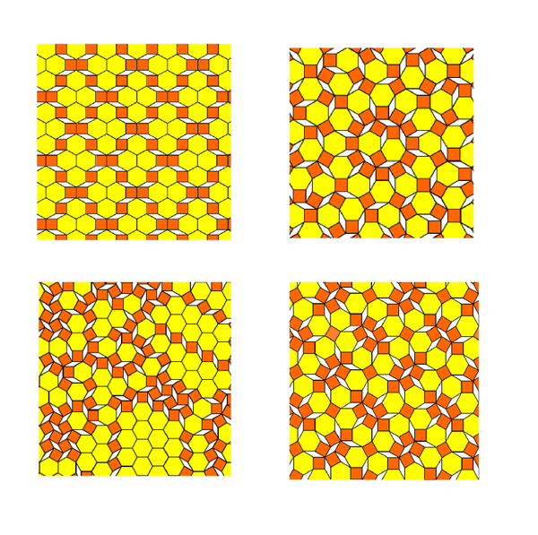 Four images composed of sections of a plane tiled with pattern blocks, using yellow hexagons, orange squares, and off-white diamonds.<br />
upper left: a wallpaper like pattern<br />
upper right: a pattern with imperfect rotational symmetry; roughly twelve-fold, but the center lacks that symmetry<br />
lower left: A seemingly arbitrary collection where the upper left of the design is much more dense with orange squares, and the lower extreme much more dense in yellow hexagons<br />
lower right: another wallpaperish pattern with flowers of four hexagons at jaunty angles, and separated by collections of squares surrounding a diamond.