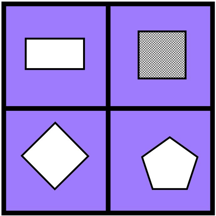 upper left: white rectangle, about twice as wide as tall, in standard orientation<br />
upper right: shaded square in standard orientation<br />
lower left: white square, balanced on its corner<br />
lower right: white, regular pentagon in standard orientation