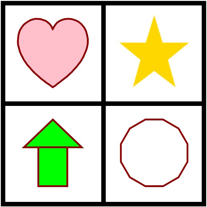 upper left: a pink heart with a red outline<br />
upper right: A yellow star<br />
lower left: a bright green arrow made of a triangle stacked on a rectangle, each with its own red border<br />
lower right: a white, regular dodecahedron