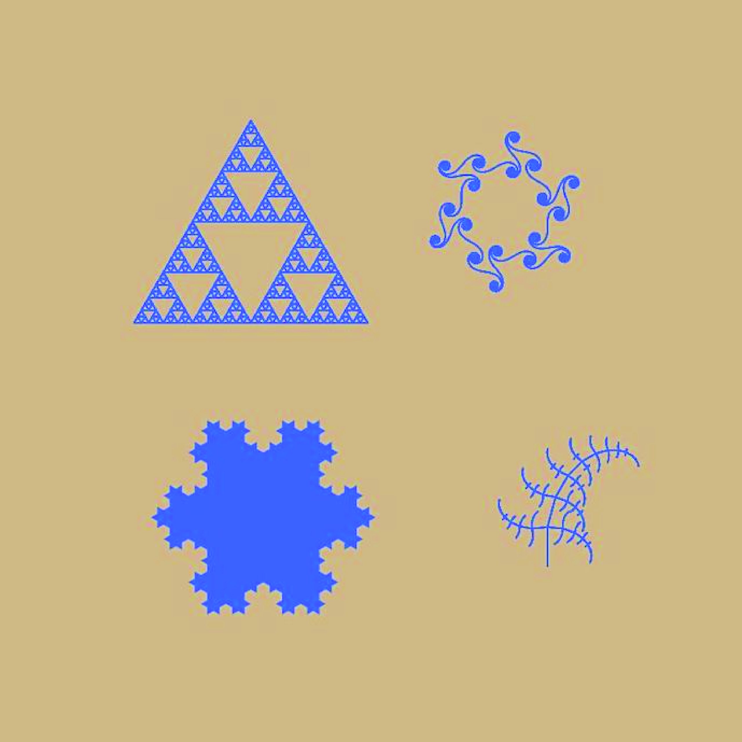 upper left: a sierpinski triangle upper right: a circular fractal-ish shape with six-fold symmetry lower left: a colored-in Koch snowflake lower right: a fern-like fractal, curving gently up and to the left