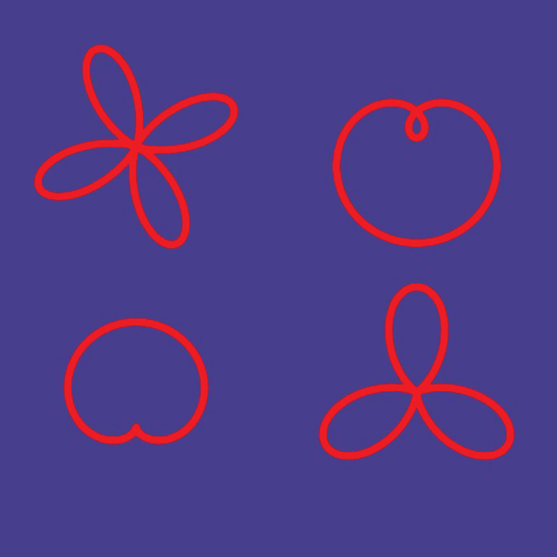 upper left: a four-loop clover in bright red<br />
upper right: a cardioid in bright red, with a tiny interior loop at the top<br />
lower left: a cardioid in bright red, with a cusp at the bottom<br />
lower right: a three-loop clover