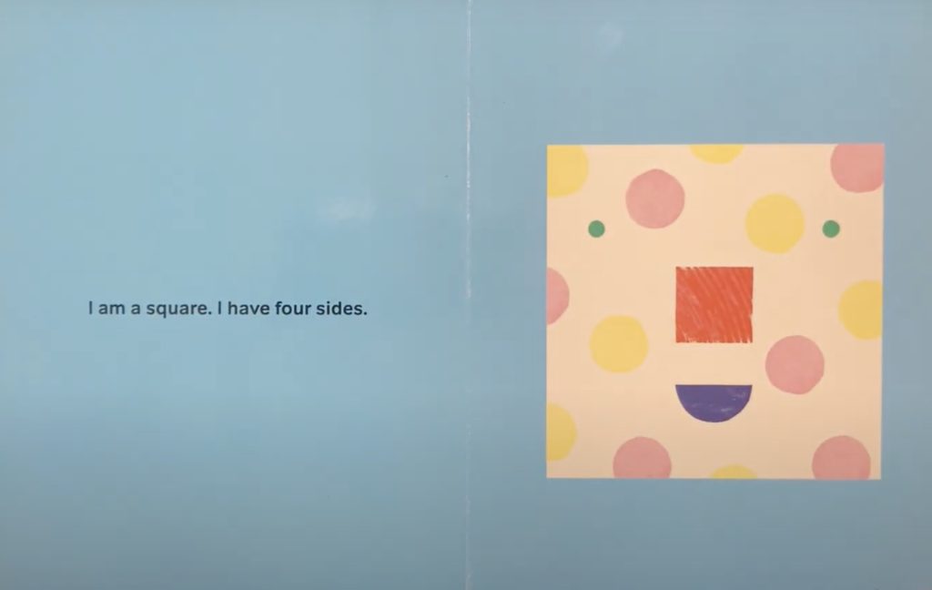 "I am a square. I have four sides." With a drawing of a happy, polka-dotted square.